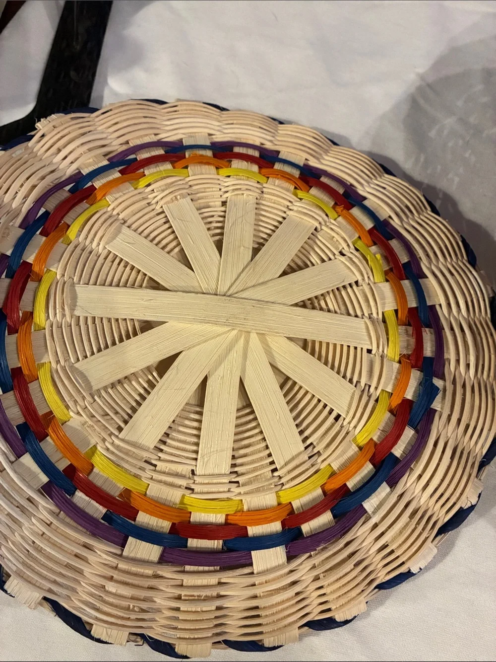 Handwoven Tortilla Basket Natural Wicker Basket Multicolor Accent Lid Wood Knob